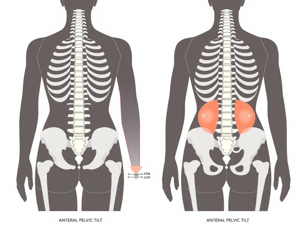 골반 전방경사로 인해 허리 곡선이 과도하게 꺾이고 복부가 앞으로 밀려나온 체형 분석 이미지