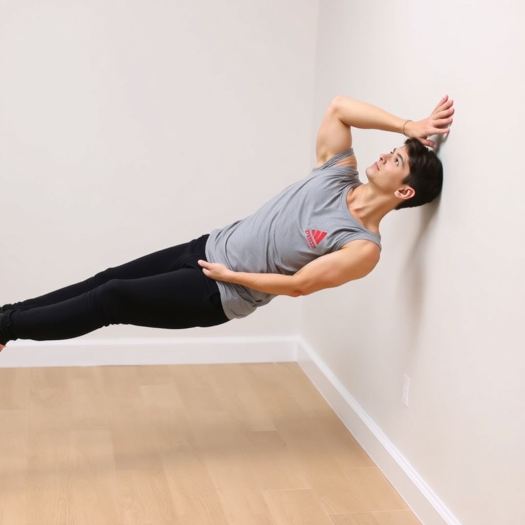 벽을 활용하여 가슴 근육을 안전하게 스트레칭하는 올바른 자세 예시