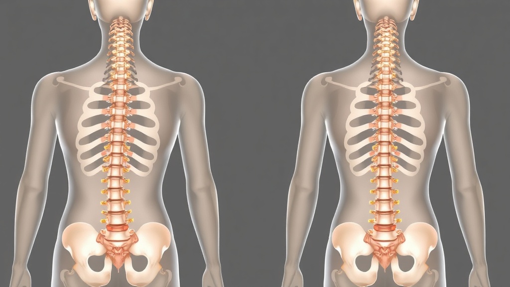 정상적인 척추 곡선과 일자허리 척추의 구조적 차이 비교도