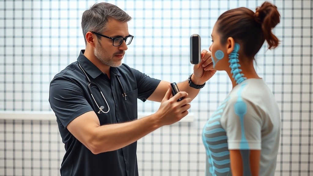 격자무늬 배경 앞에서 환자의 서 있는 자세를 분석하고 있는 물리치료사의 모습